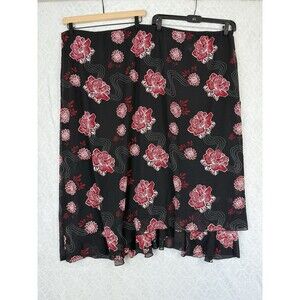 Asymmetrical Midi Skirt 5X Black Red Floral Stretch Y2K 90s Boho Grunge Fairy